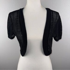 Vintage Y2K Medium Black Crochet Crop Cardigan Shrug Short Sleeve Fairy Grunge